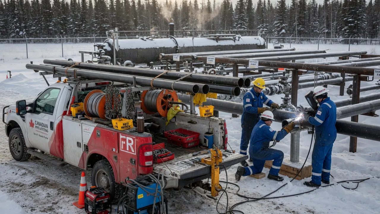 Crew welding and fitting pipe in the field